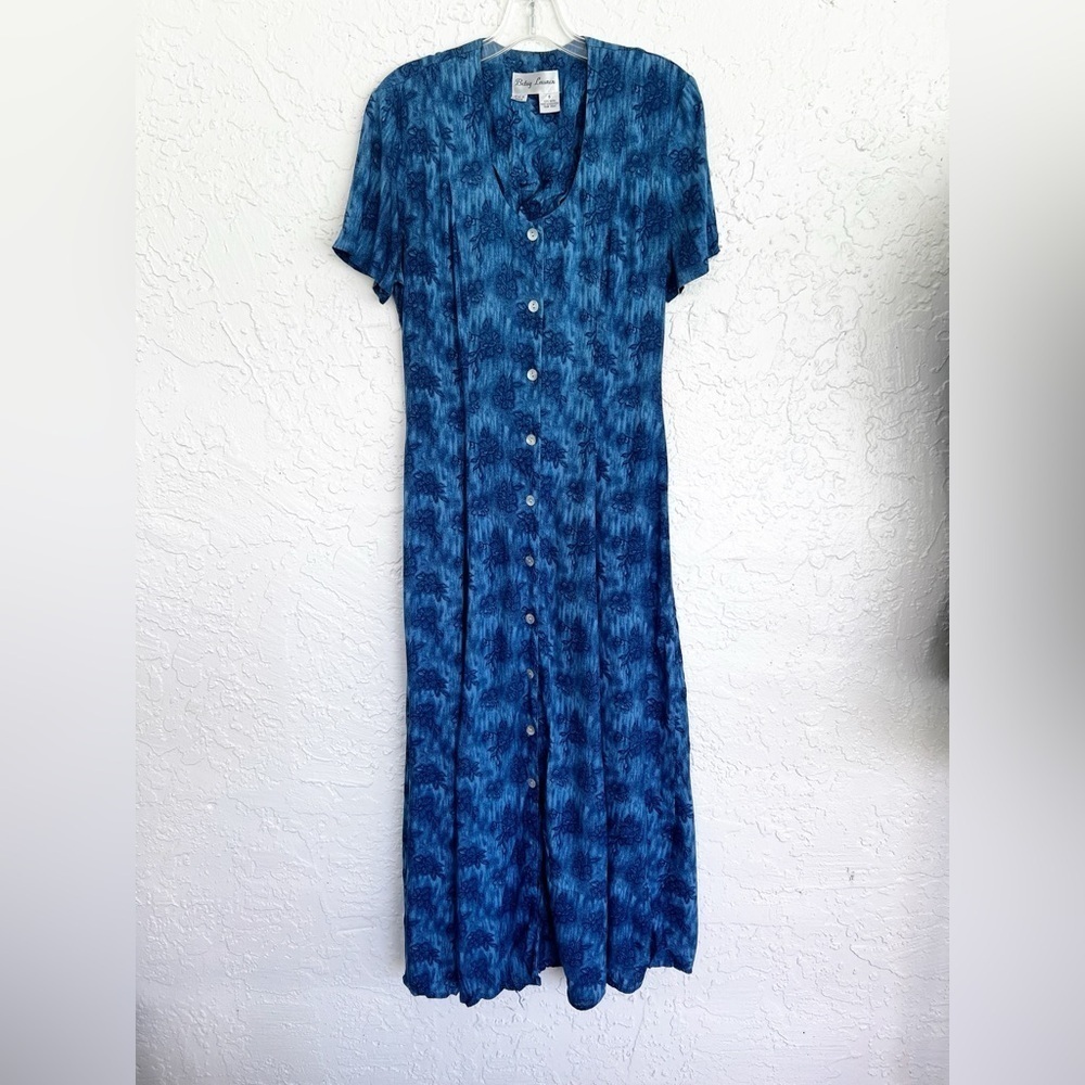 Betsy Lauren Womens Floral Maxi Dress Blue Button Up Cottagecore Vintage Size 6